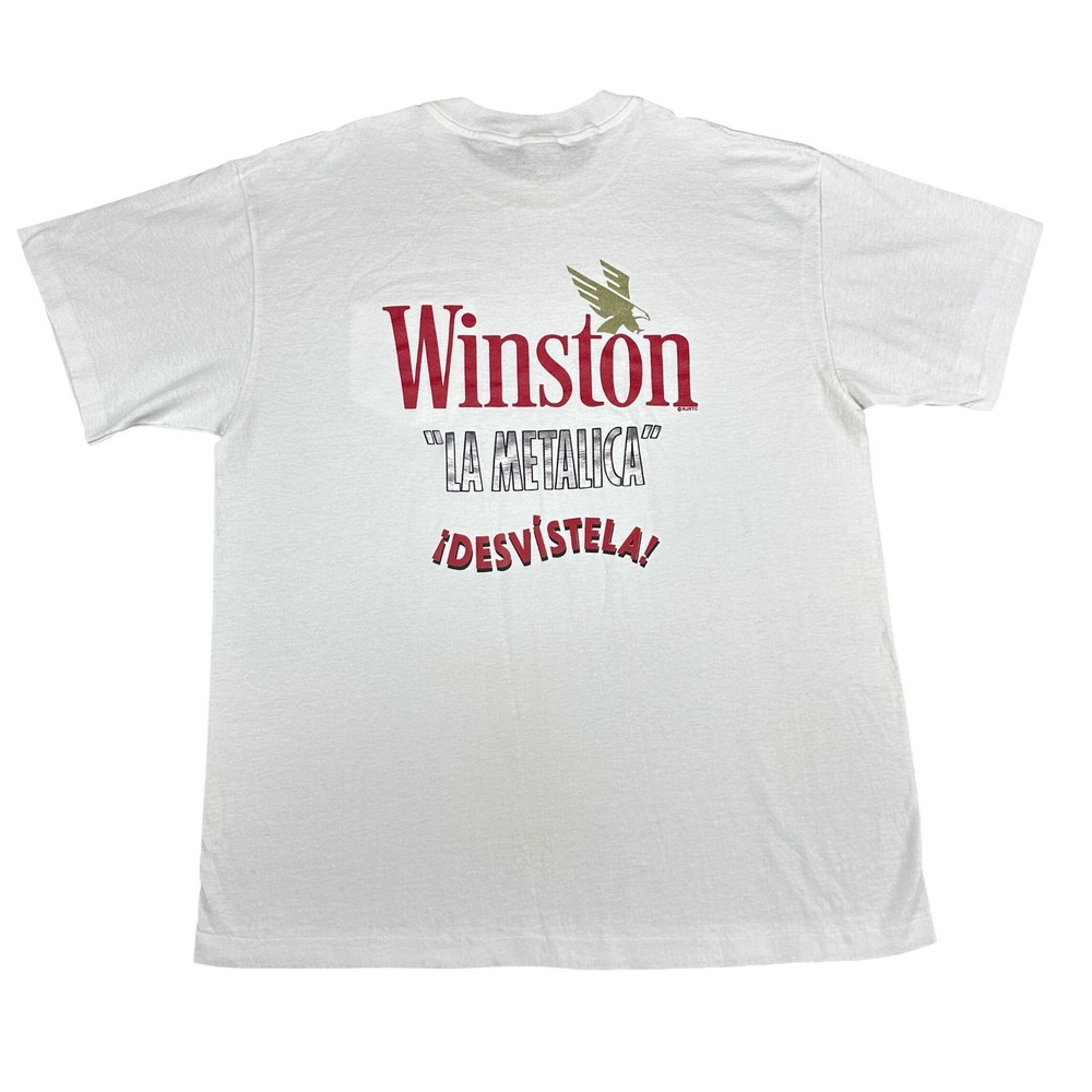 Vintage 1991 Winston La Metalica Desvistela T-Shirt XL White Pocket Made in USA